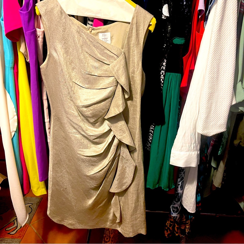 Sleeveless shimmer champagne cocktail sheath dress with ruffle
